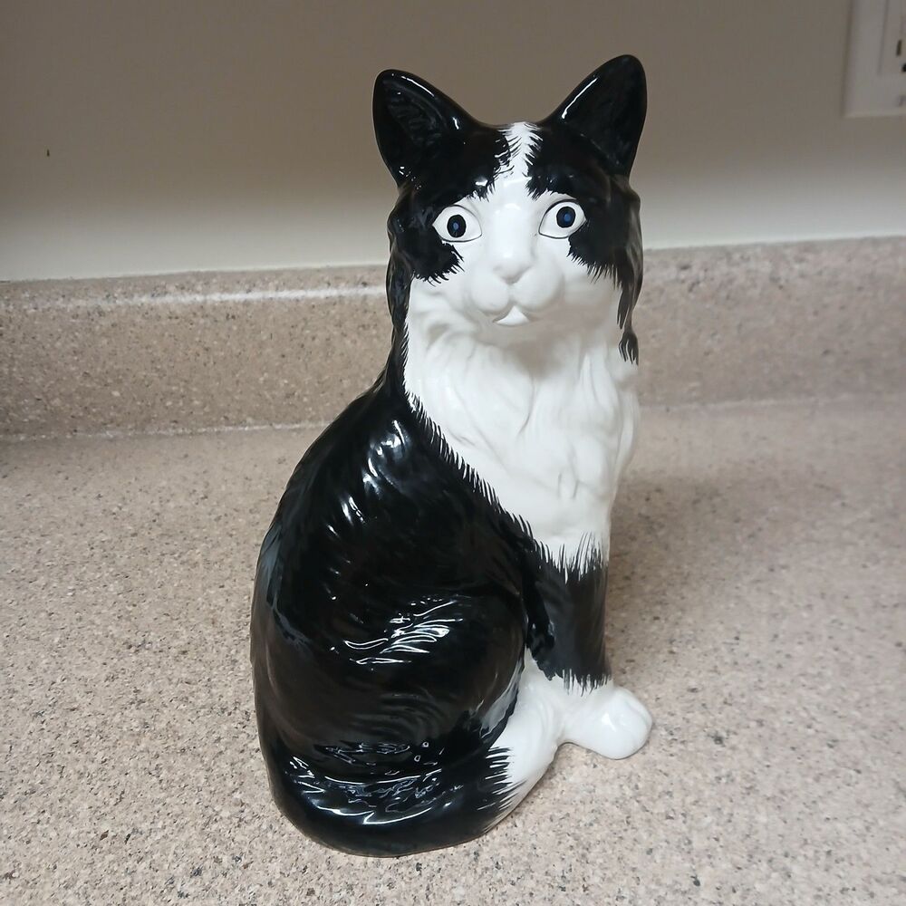 Ceramic Black and White Tuxedo 9.75" Cat Statue Figurine
